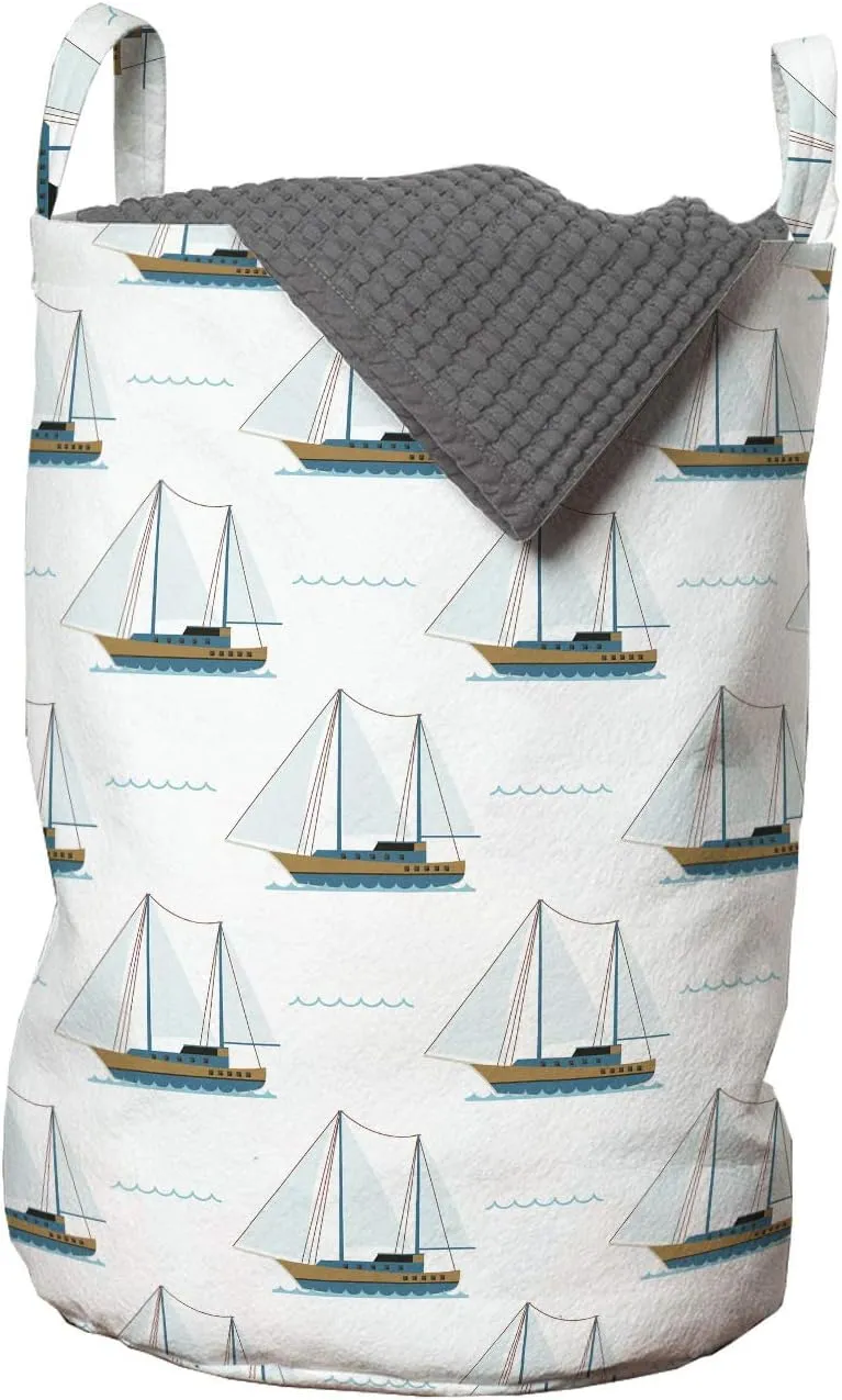Ambesonne Sailboat Laundry Bag, Nautical Pattern of Travel Sailing Motifs Print on Plain Backdrop, Hamper Basket with Handles Drawstring Closure for Laundromats, 13" x 19", White Brown