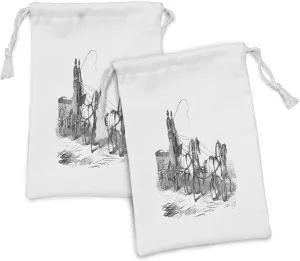 Ambesonne Western Horse Fabric Pouch Set of 2, Old Engraved Illustration of 4 Wheeled Carriage on Plain Backdrop, Small Drawstring Bag for Toiletries Masks and Favors, 9" x 6", Charcoal Grey