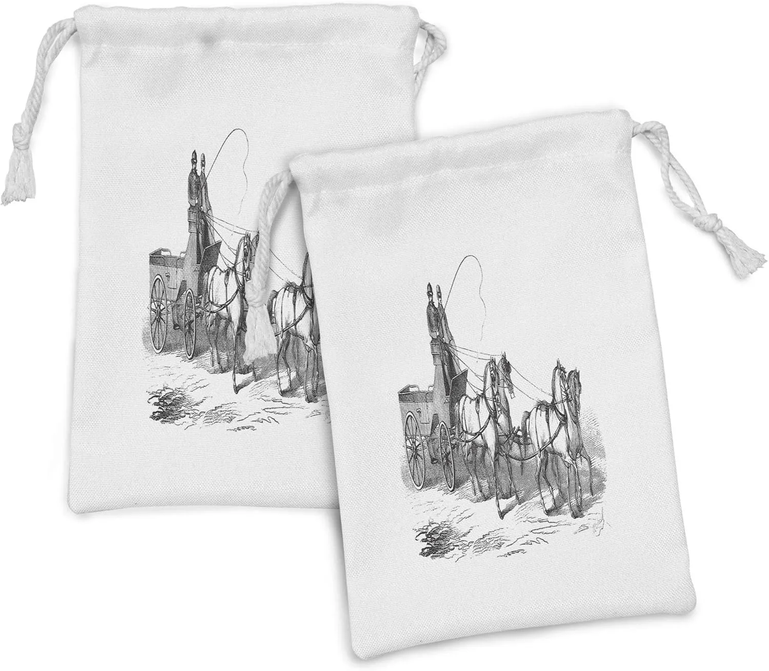 Ambesonne Western Horse Fabric Pouch Set of 2, Old Engraved Illustration of 4 Wheeled Carriage on Plain Backdrop, Small Drawstring Bag for Toiletries Masks and Favors, 9" x 6", Charcoal Grey