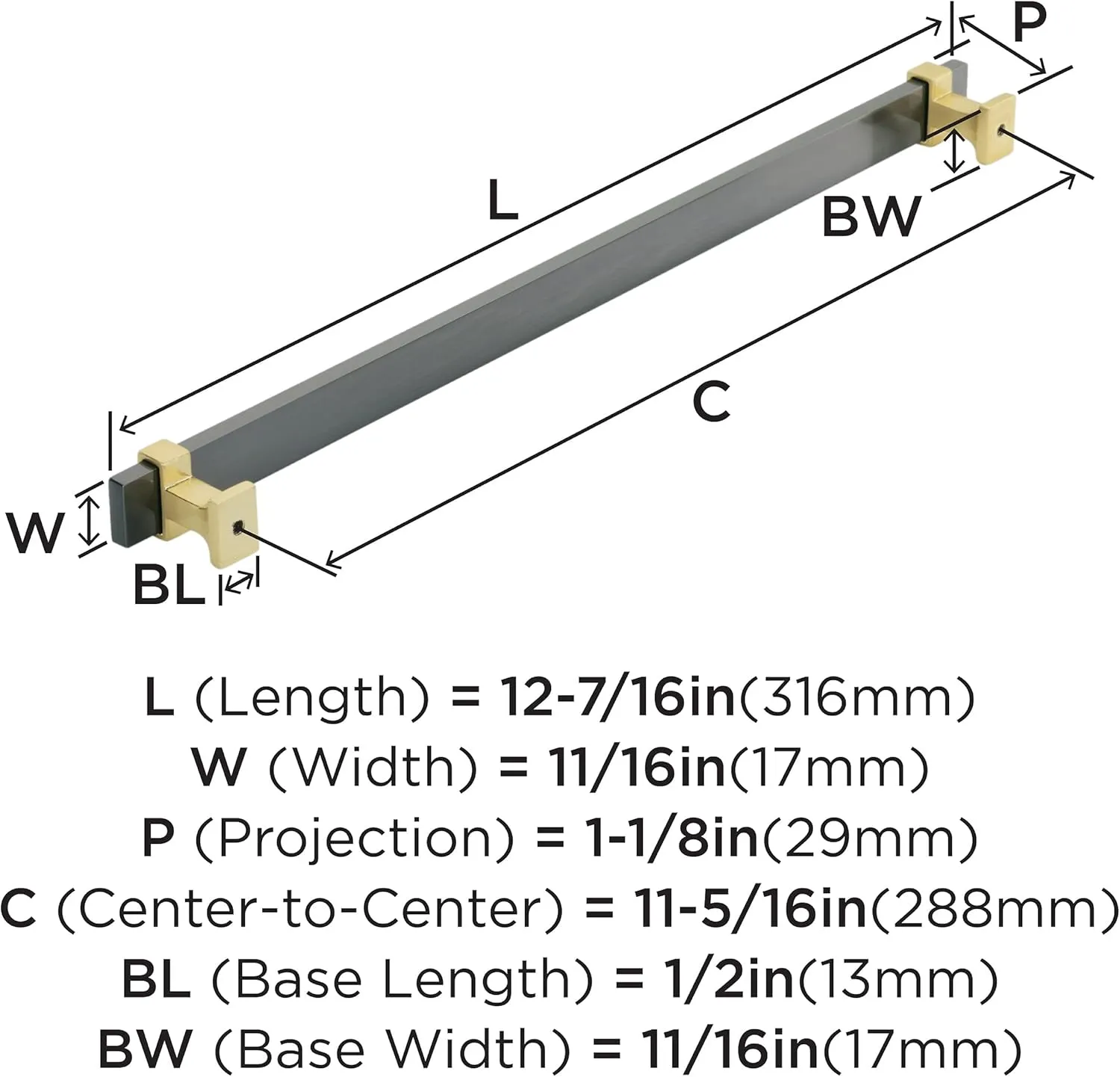 Amerock | Cabinet Pull | Black Chrome/Brushed Gold | 11-5/16 inch (288 mm) Center to Center | Overton | 1 Pack | Drawer Pull | Drawer Handle | Cabinet Hardware