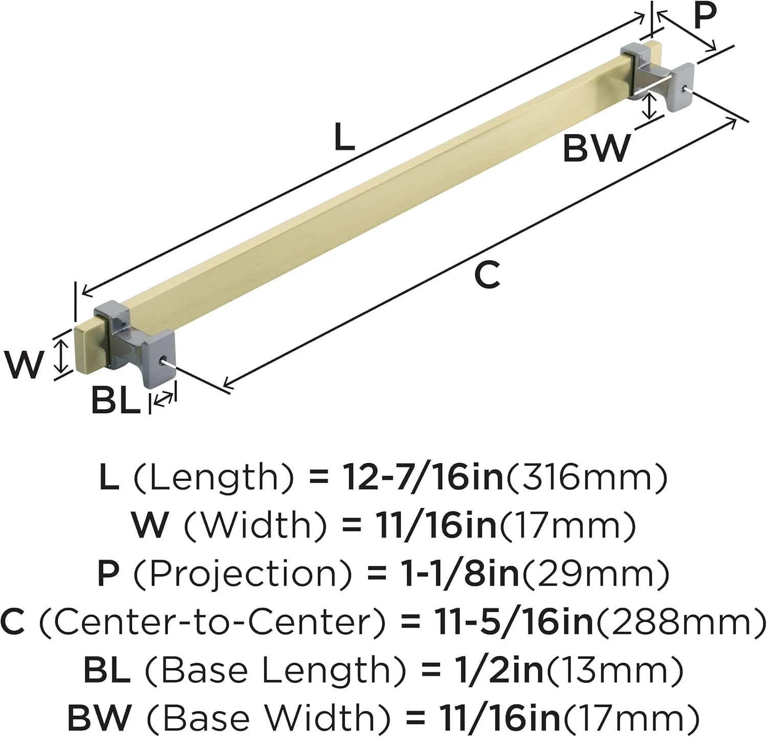 Amerock | Cabinet Pull | Brushed Gold/Black Chrome | 11-5/16 inch (288 mm) Center to Center | Overton | 1 Pack | Drawer Pull | Drawer Handle | Cabinet Hardware