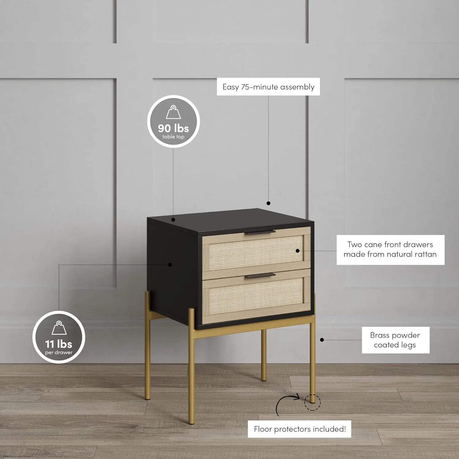Andrew End, Bedside or Side Table in Matte Black Finish with Two Natural Rattan Drawers Doors for Storage and Brass Gold Accents for Living Room or Bedroom, Black/Cane/Gold, Set of 2