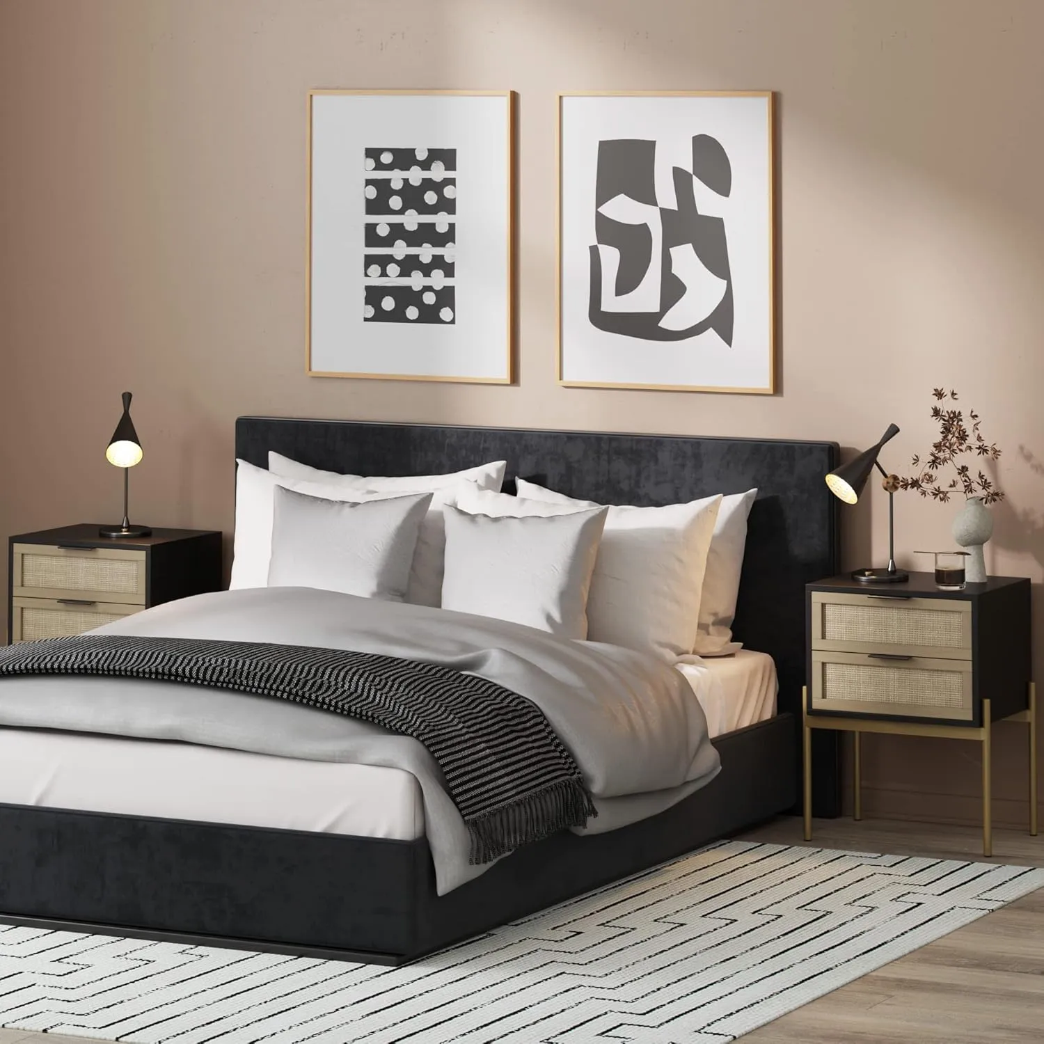 Andrew End, Bedside or Side Table in Matte Black Finish with Two Natural Rattan Drawers Doors for Storage and Brass Gold Accents for Living Room or Bedroom, Black/Cane/Gold, Set of 2
