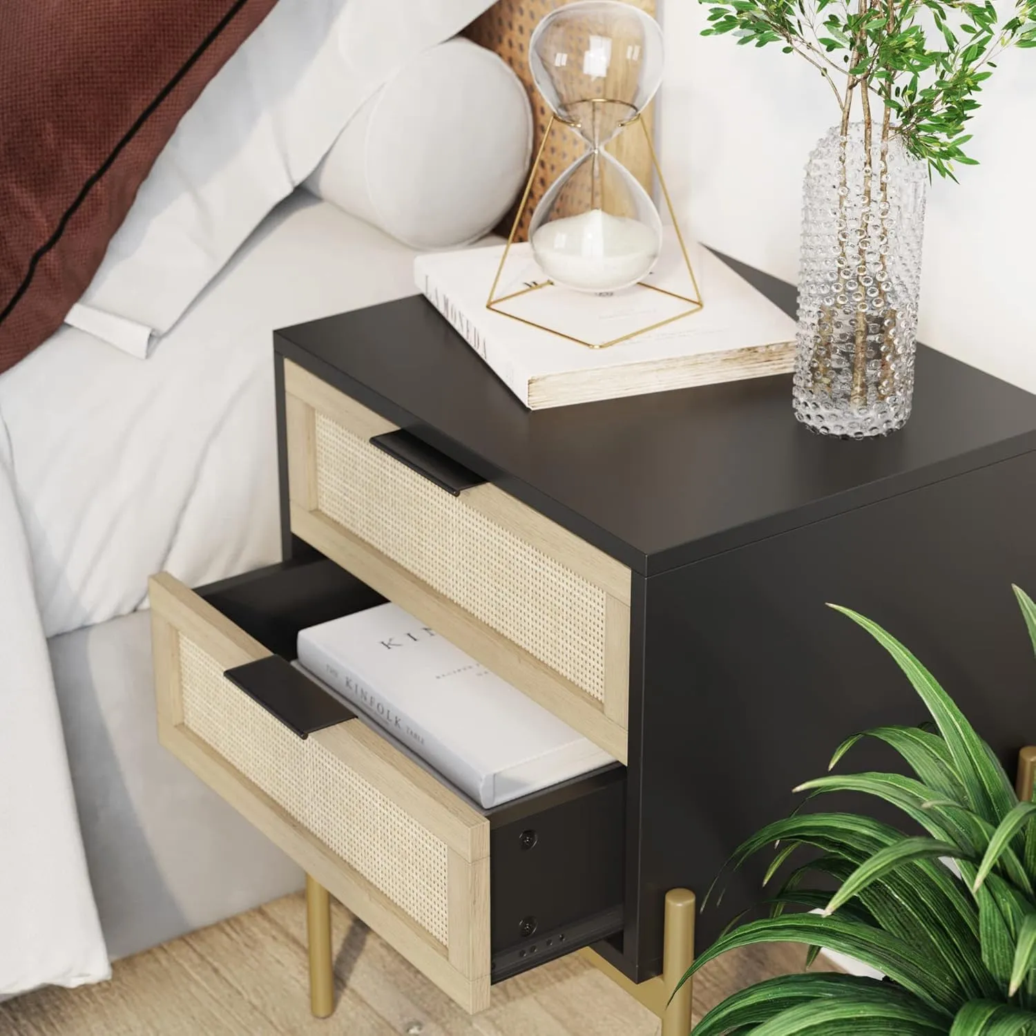 Andrew End, Bedside or Side Table in Matte Black Finish with Two Natural Rattan Drawers Doors for Storage and Brass Gold Accents for Living Room or Bedroom, Black/Cane/Gold, Set of 2