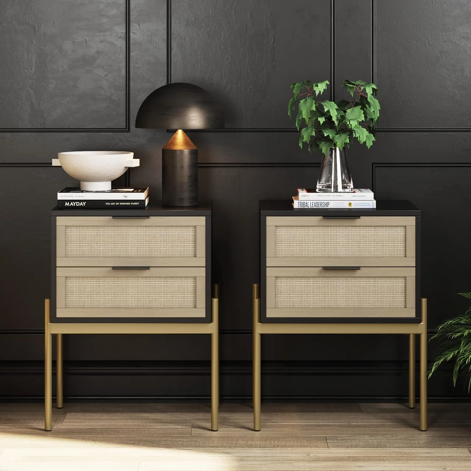 Andrew End, Bedside or Side Table in Matte Black Finish with Two Natural Rattan Drawers Doors for Storage and Brass Gold Accents for Living Room or Bedroom, Black/Cane/Gold, Set of 2