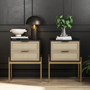 Andrew End, Bedside or Side Table in Matte Black Finish with Two Natural Rattan Drawers Doors for Storage and Brass Gold Accents for Living Room or Bedroom, Black/Cane/Gold, Set of 2