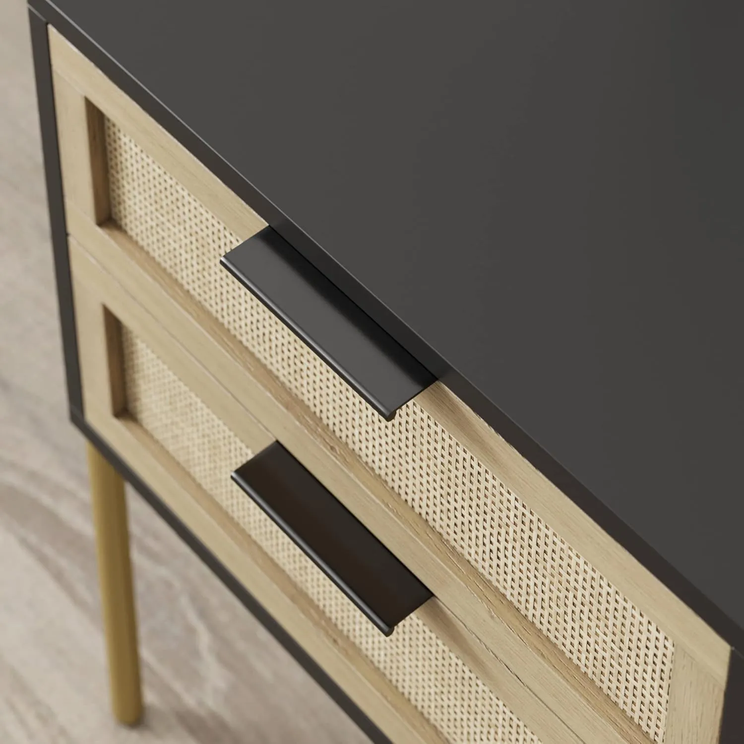 Andrew End, Bedside or Side Table in Matte Black Finish with Two Natural Rattan Drawers Doors for Storage and Brass Gold Accents for Living Room or Bedroom, Black/Cane/Gold, Set of 2