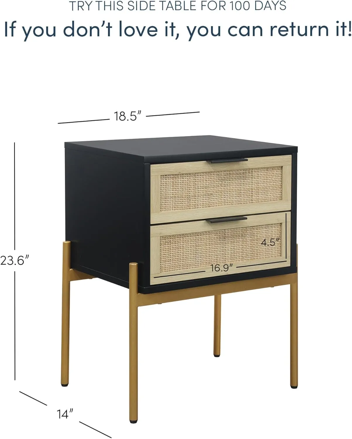 Andrew End, Bedside or Side Table in Matte Black Finish with Two Natural Rattan Drawers Doors for Storage and Brass Gold Accents for Living Room or Bedroom, Black/Cane/Gold, Set of 2