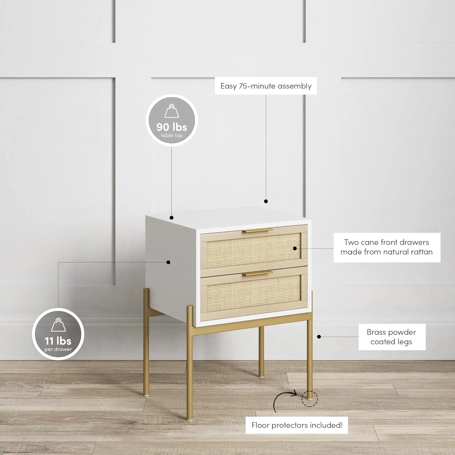 Andrew End, Bedside or Side Table in Matte White Finish with Two Natural Rattan Drawers Doors for Storage and Brass Gold Accents for Living Room or Bedroom, White/Cane/Gold, Set of 2