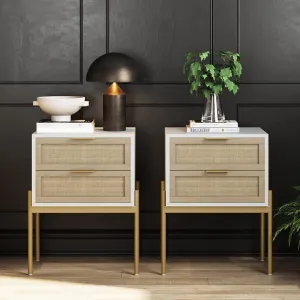 Andrew End, Bedside or Side Table in Matte White Finish with Two Natural Rattan Drawers Doors for Storage and Brass Gold Accents for Living Room or Bedroom, White/Cane/Gold, Set of 2