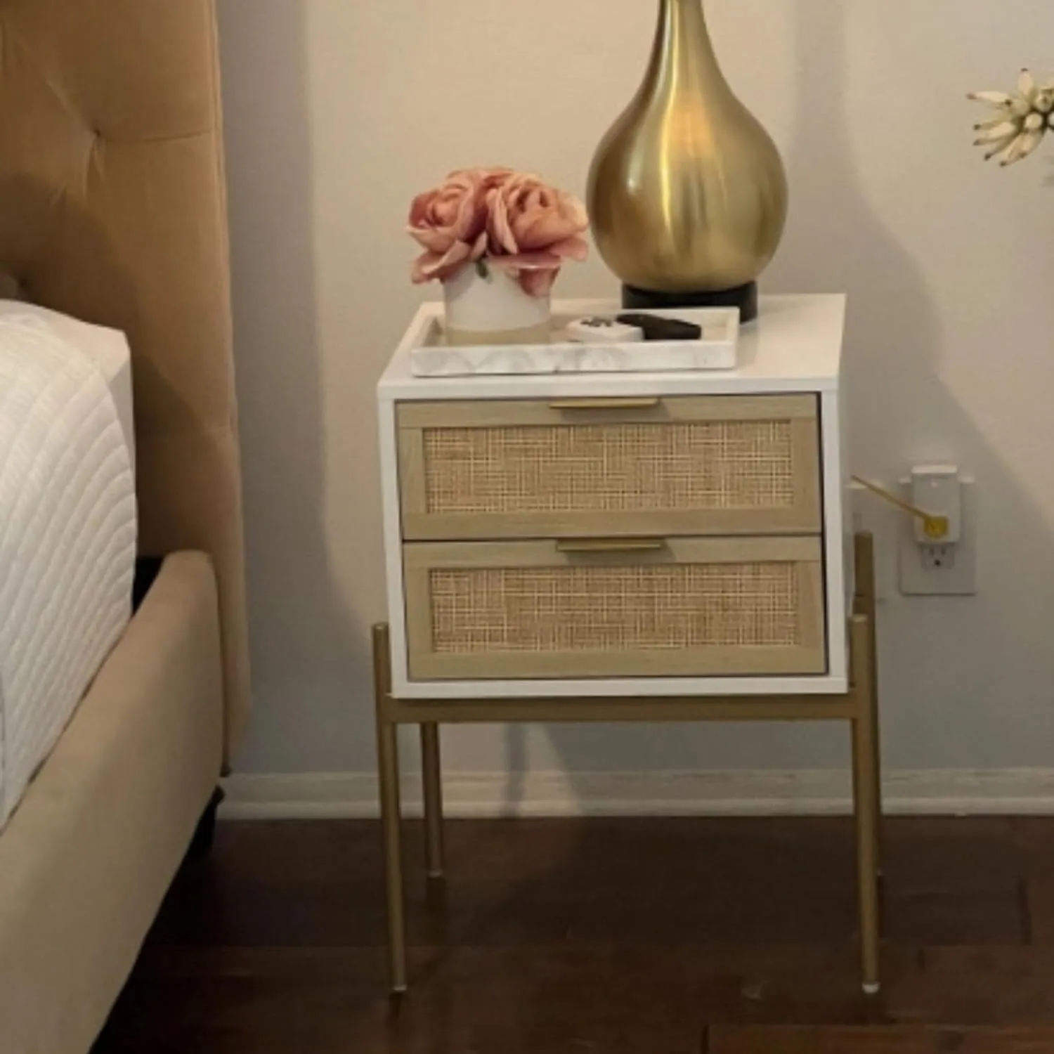 Andrew End, Bedside or Side Table in Matte White Finish with Two Natural Rattan Drawers Doors for Storage and Brass Gold Accents for Living Room or Bedroom, White/Cane/Gold, Set of 2