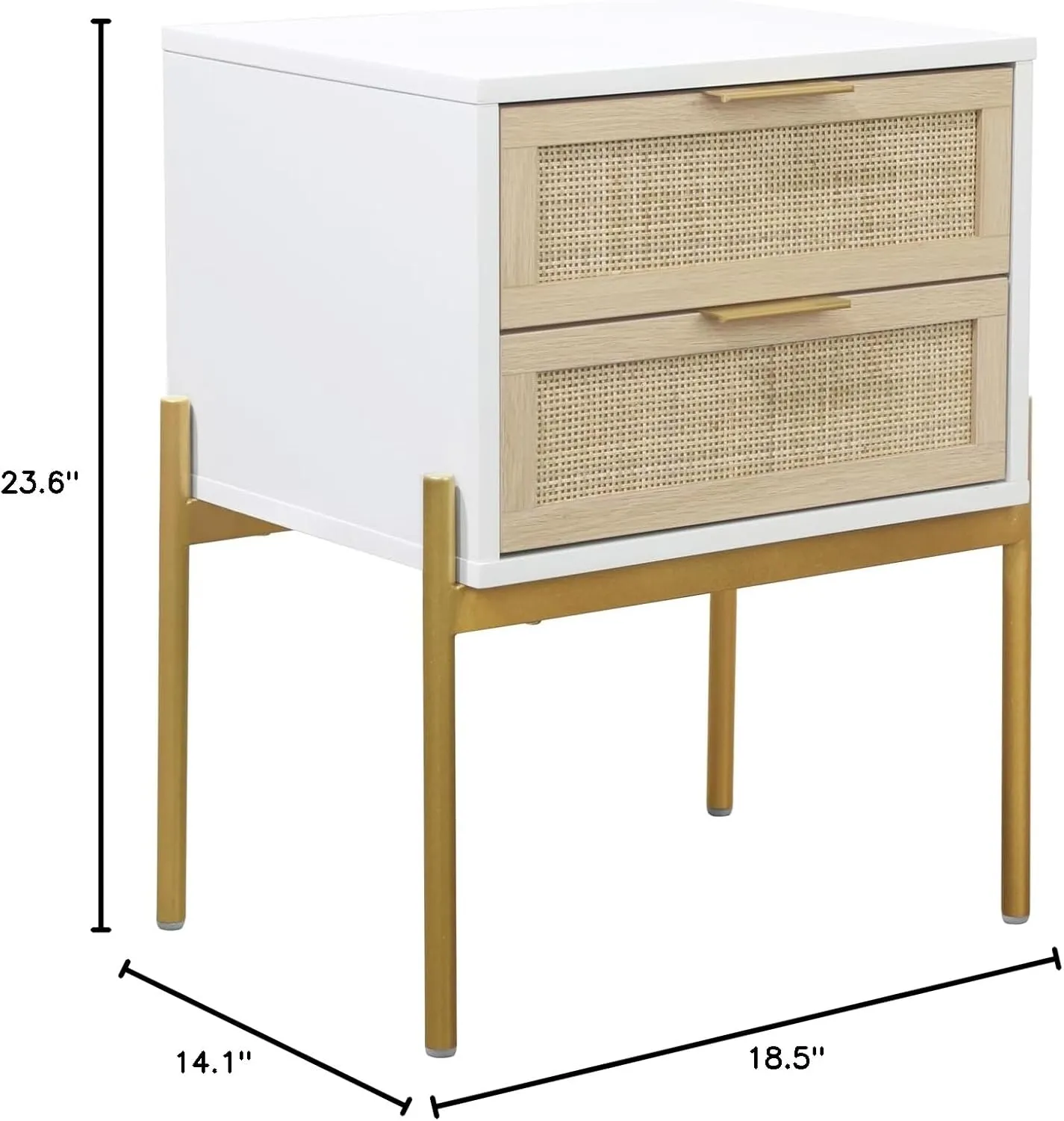 Andrew End, Bedside or Side Table in Matte White Finish with Two Natural Rattan Drawers Doors for Storage and Brass Gold Accents for Living Room or Bedroom, White/Cane/Gold