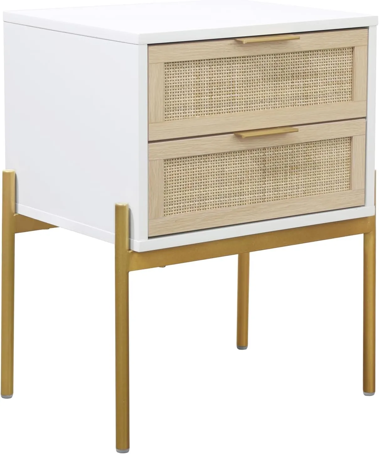 Andrew End, Bedside or Side Table in Matte White Finish with Two Natural Rattan Drawers Doors for Storage and Brass Gold Accents for Living Room or Bedroom, White/Cane/Gold