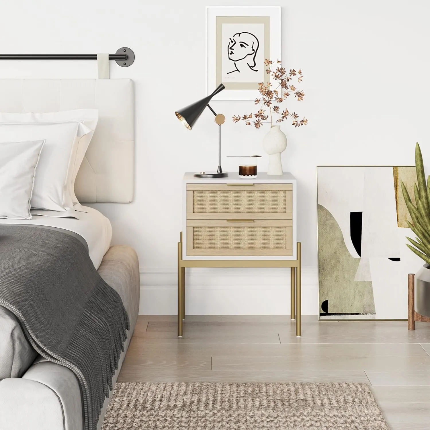 Andrew End, Bedside or Side Table in Matte White Finish with Two Natural Rattan Drawers Doors for Storage and Brass Gold Accents for Living Room or Bedroom, White/Cane/Gold
