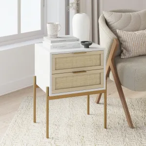 Andrew End, Bedside or Side Table in Matte White Finish with Two Natural Rattan Drawers Doors for Storage and Brass Gold Accents for Living Room or Bedroom, White/Cane/Gold