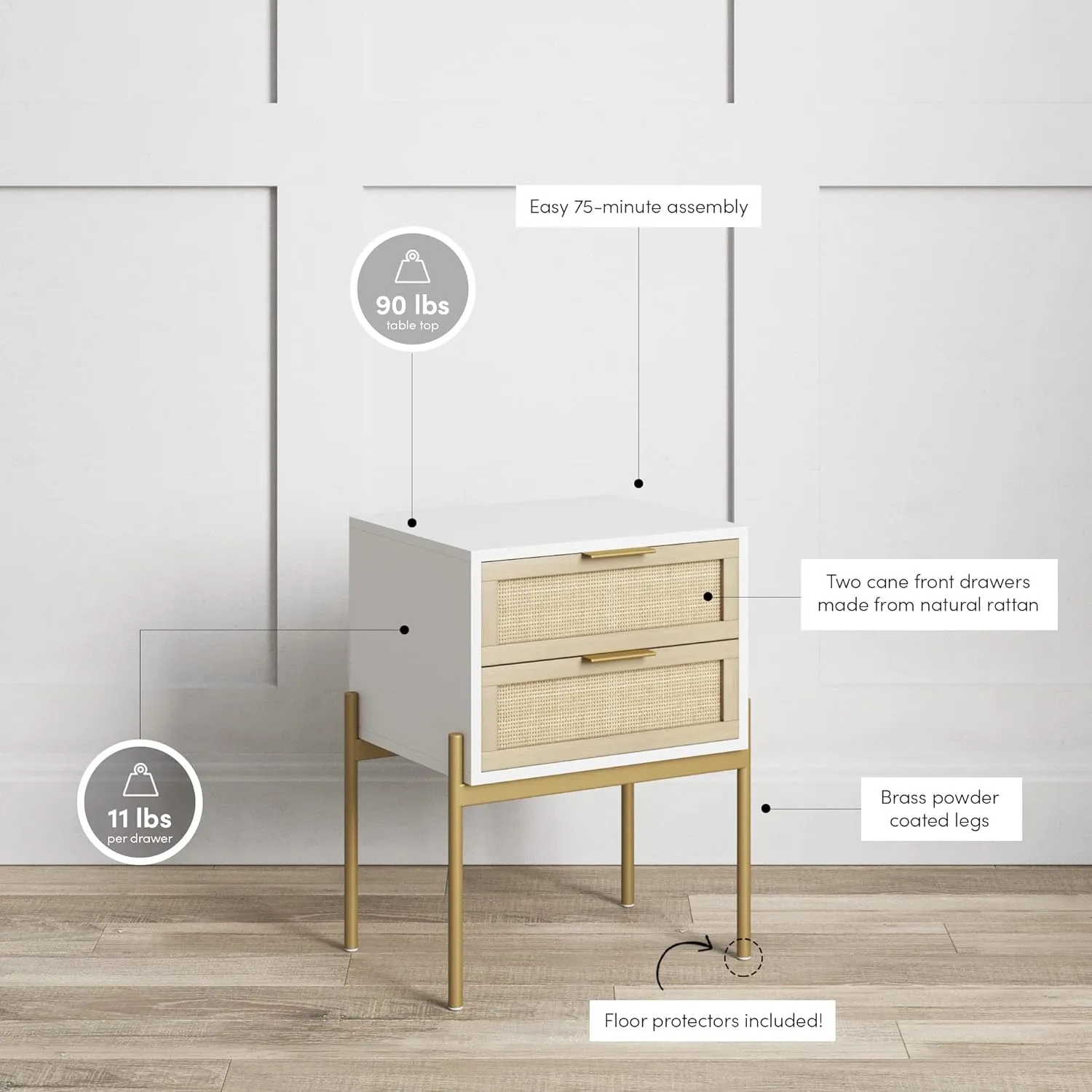Andrew End, Bedside or Side Table in Matte White Finish with Two Natural Rattan Drawers Doors for Storage and Brass Gold Accents for Living Room or Bedroom, White/Cane/Gold
