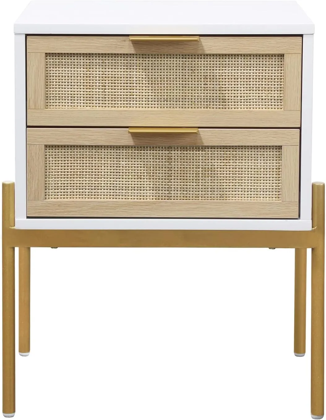 Andrew End, Bedside or Side Table in Matte White Finish with Two Natural Rattan Drawers Doors for Storage and Brass Gold Accents for Living Room or Bedroom, White/Cane/Gold