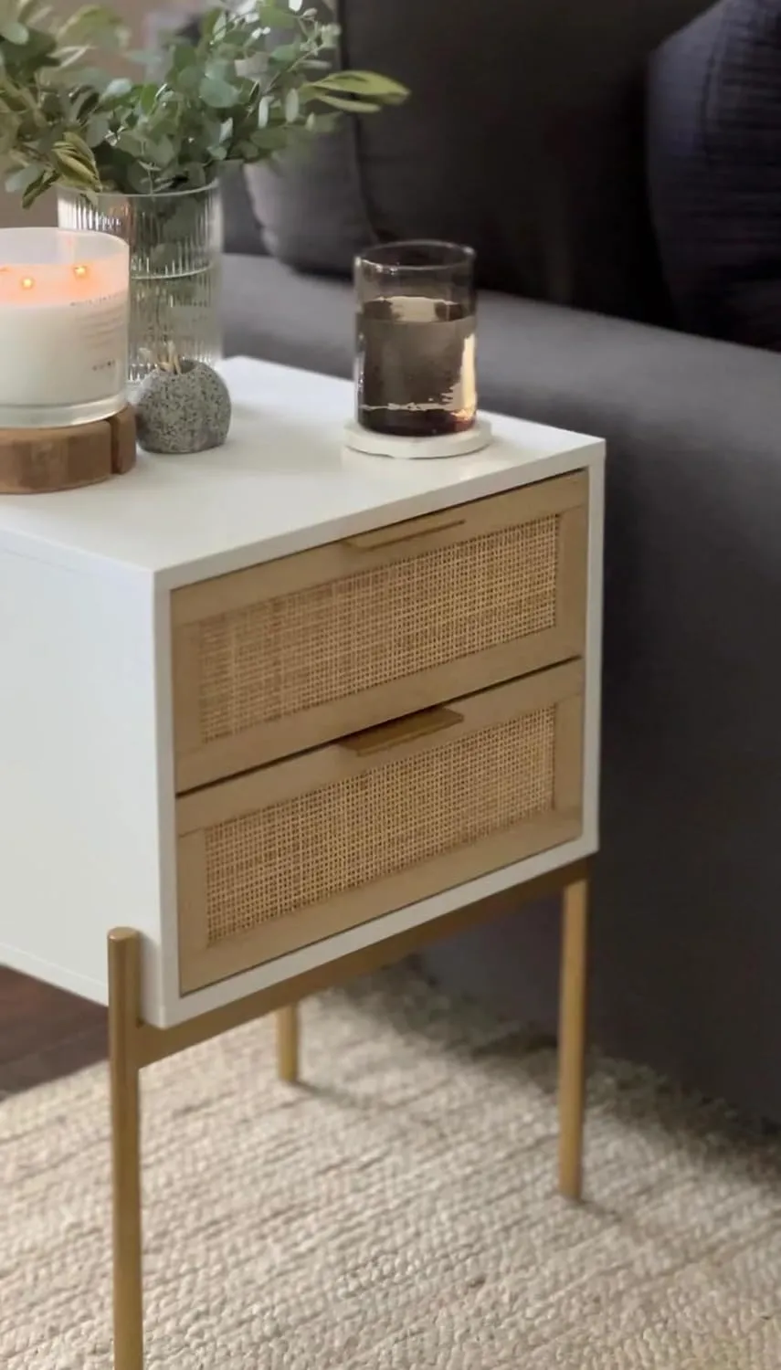 Andrew End, Bedside or Side Table in Matte White Finish with Two Natural Rattan Drawers Doors for Storage and Brass Gold Accents for Living Room or Bedroom, White/Cane/Gold