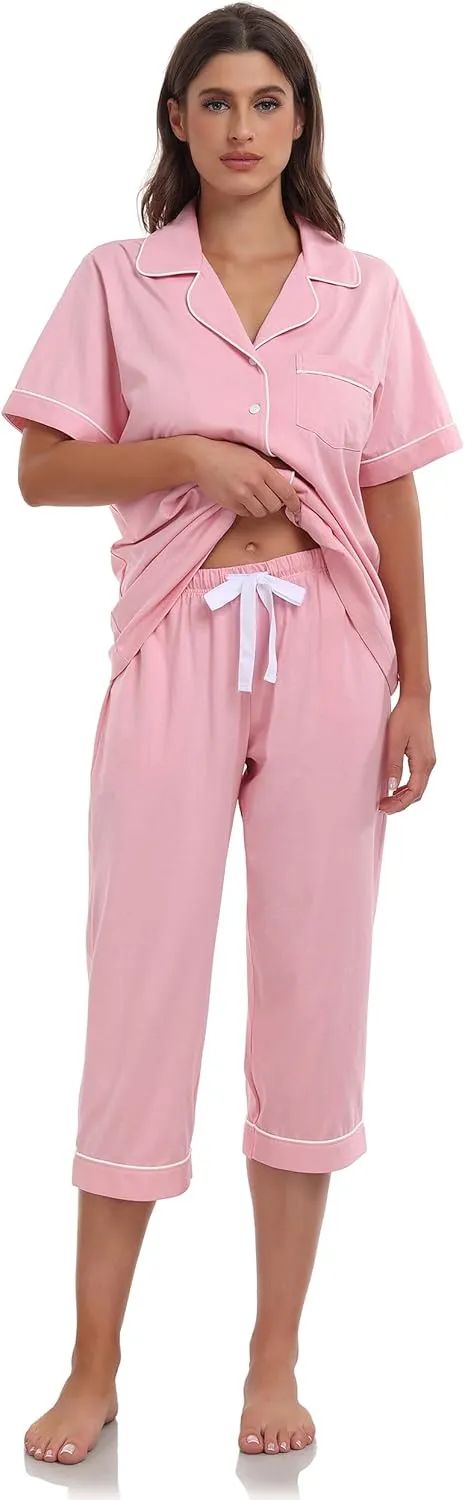 ANLIQI Womens Capri Pajamas Sets 100% Cotton Button Up Short Sleeve Top & Capri Pants Pjs Summer Sleepwear with Pockets