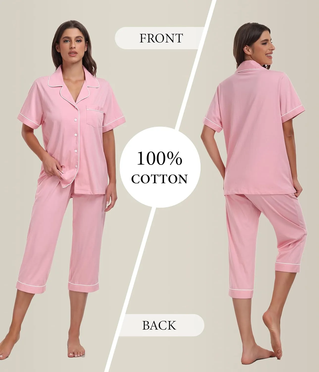 ANLIQI Womens Capri Pajamas Sets 100% Cotton Button Up Short Sleeve Top & Capri Pants Pjs Summer Sleepwear with Pockets