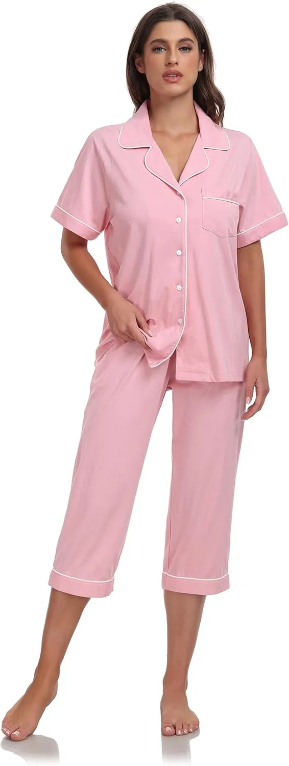 ANLIQI Womens Capri Pajamas Sets 100% Cotton Button Up Short Sleeve Top & Capri Pants Pjs Summer Sleepwear with Pockets