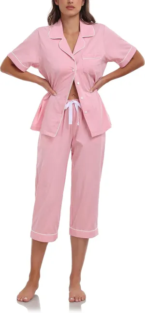 ANLIQI Womens Capri Pajamas Sets 100% Cotton Button Up Short Sleeve Top & Capri Pants Pjs Summer Sleepwear with Pockets