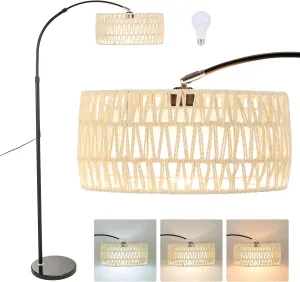 Arc Floor Lamp for Living Room, Stylish Rattan Boho Floor Lamp with 3 Color Temperature Dimmable LED Bulb, Farmhouse Tall Lamp, Arched Standing Lamp for Office Bedroom Living Room Corner (Beige)