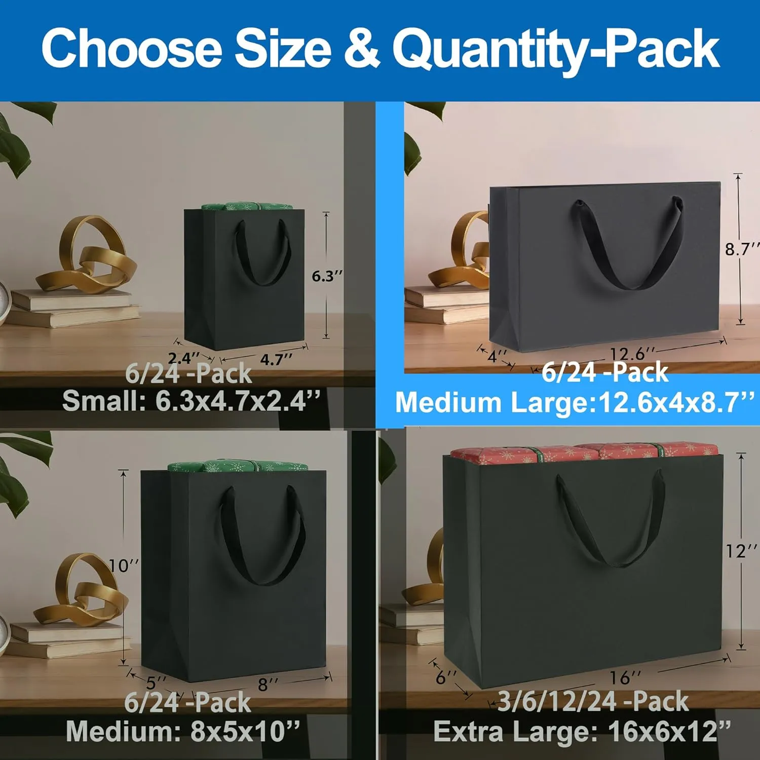 Argivean Black Gift Bags With Handles: 24pcs Medium Large Gift Bags Bulk 12.6x4x8.7 Inch For Wedding Party Birthday Business