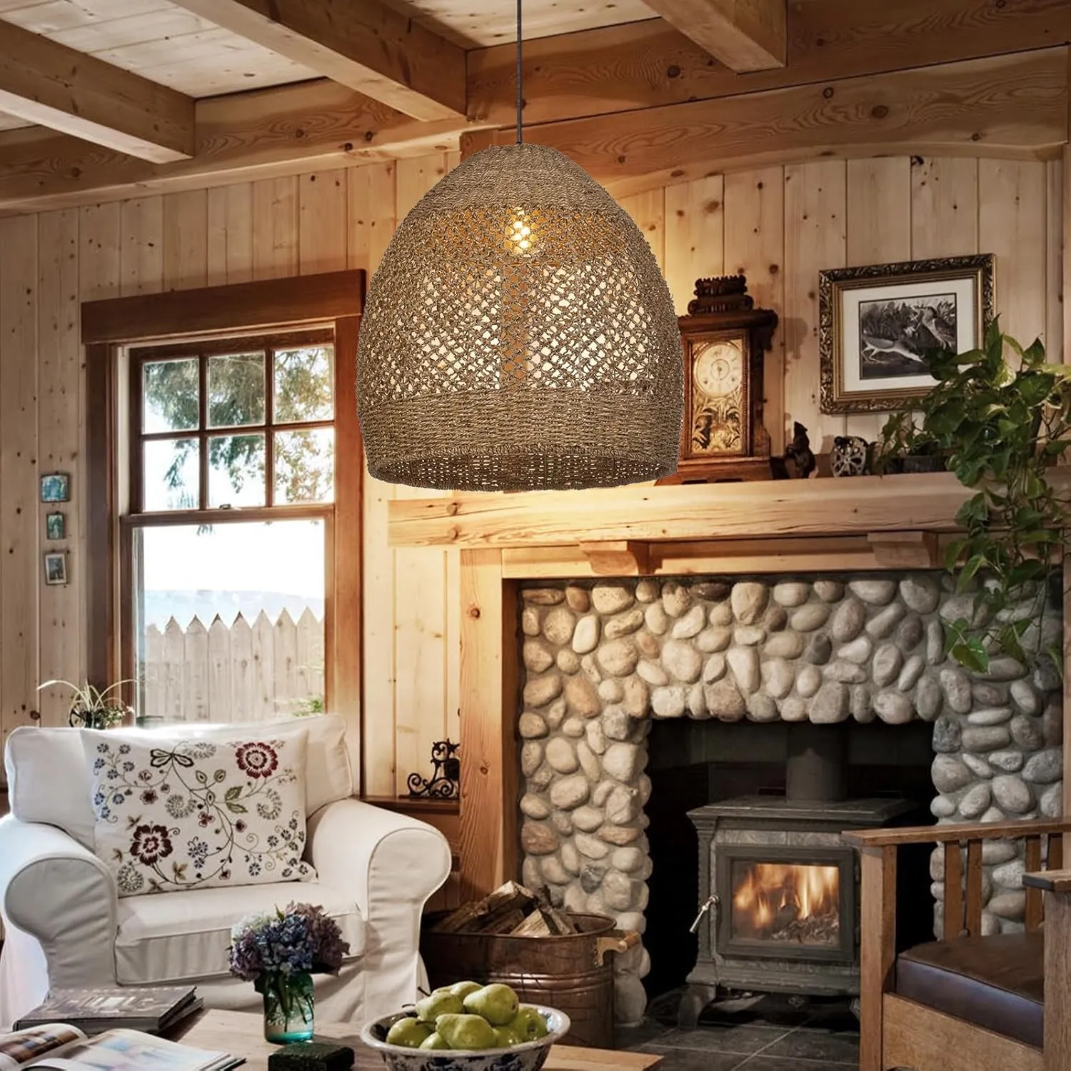 Arturesthome 19.6" Retro Rattan Woven Pendant Light Fixture, Chandelier with Lamp Shade Light Cover, Hanging Lighting for Kitchen Dining Room Foyer