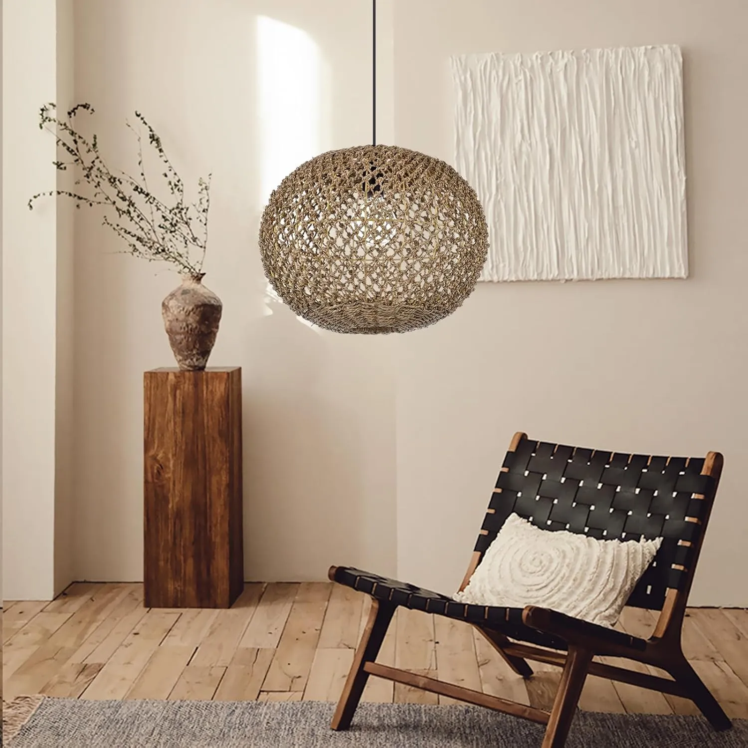 Arturesthome Handwoven Rustic Farmhouse Coastal Pendant Light Fixtures for Kitchen Island,Wicker Round Ceiling Hanging Light for Bedroom Foyer 15.7" W x 11.8" H