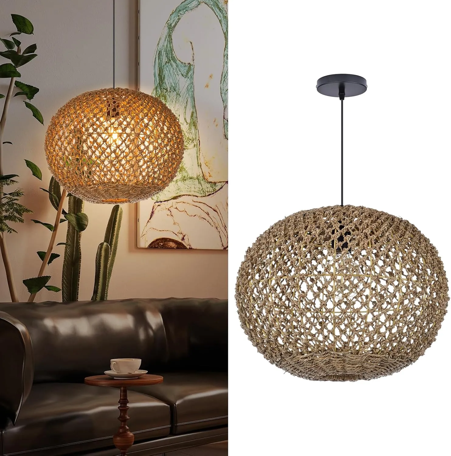 Arturesthome Large Boho Rattan Pendant Light Fixture Ball Woven Pendant Lampshade for Hallway Bedroom Entryway Living Room 19.6" W x 15.7" H