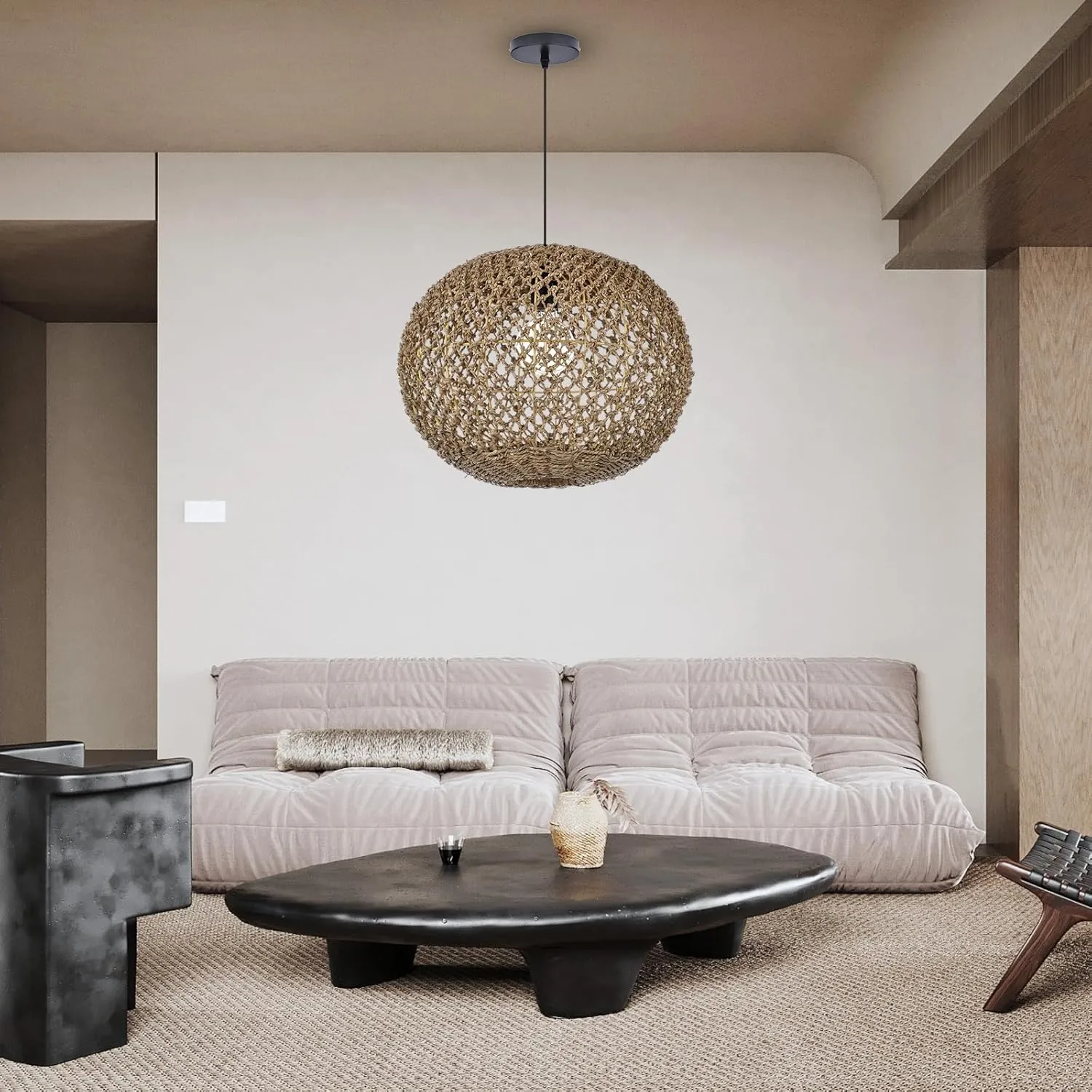 Arturesthome Large Boho Rattan Pendant Light Fixture Ball Woven Pendant Lampshade for Hallway Bedroom Entryway Living Room 19.6" W x 15.7" H