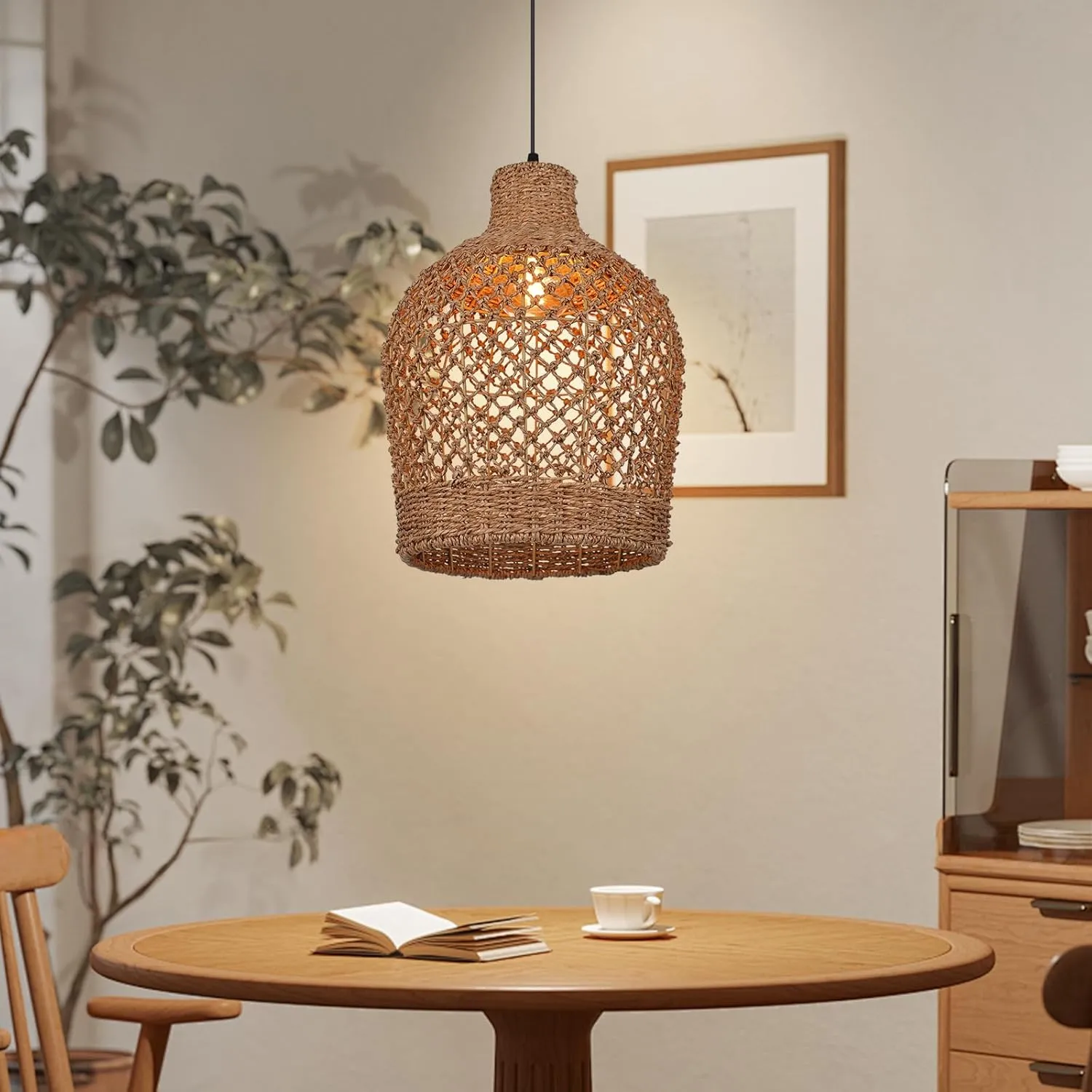 Arturesthome Rattan Pendant Light Woven Chandelier Handwoven Boho Coastal Pendant Lighting Rattan Basket Ceiling Hanging Light for Dining Room Living Room D 11.8″* 15.7″
