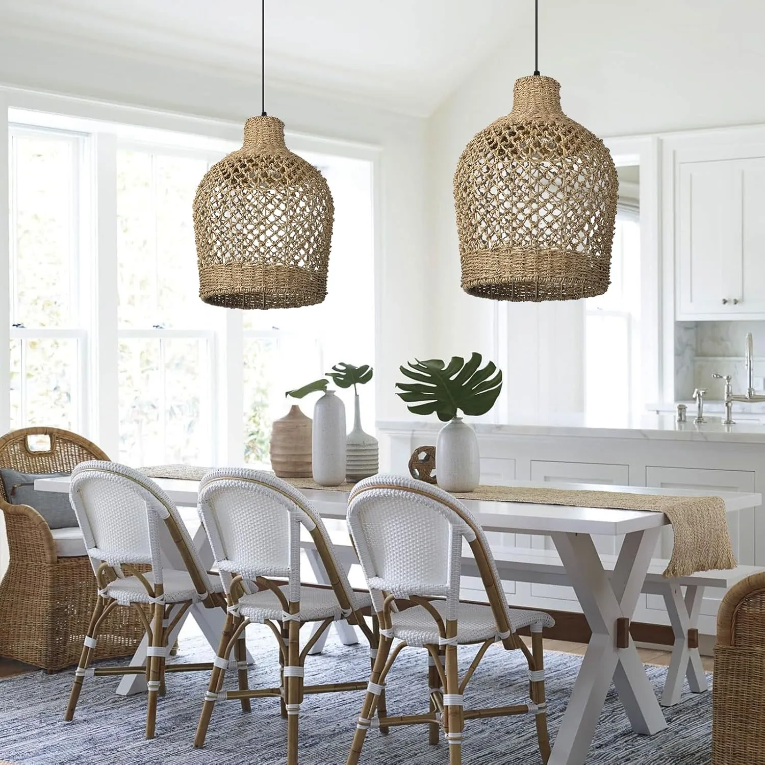 Arturesthome Rattan Pendant Light Woven Chandelier Handwoven Boho Coastal Pendant Lighting Rattan Basket Ceiling Hanging Light for Dining Room Living Room D 11.8″* 15.7″