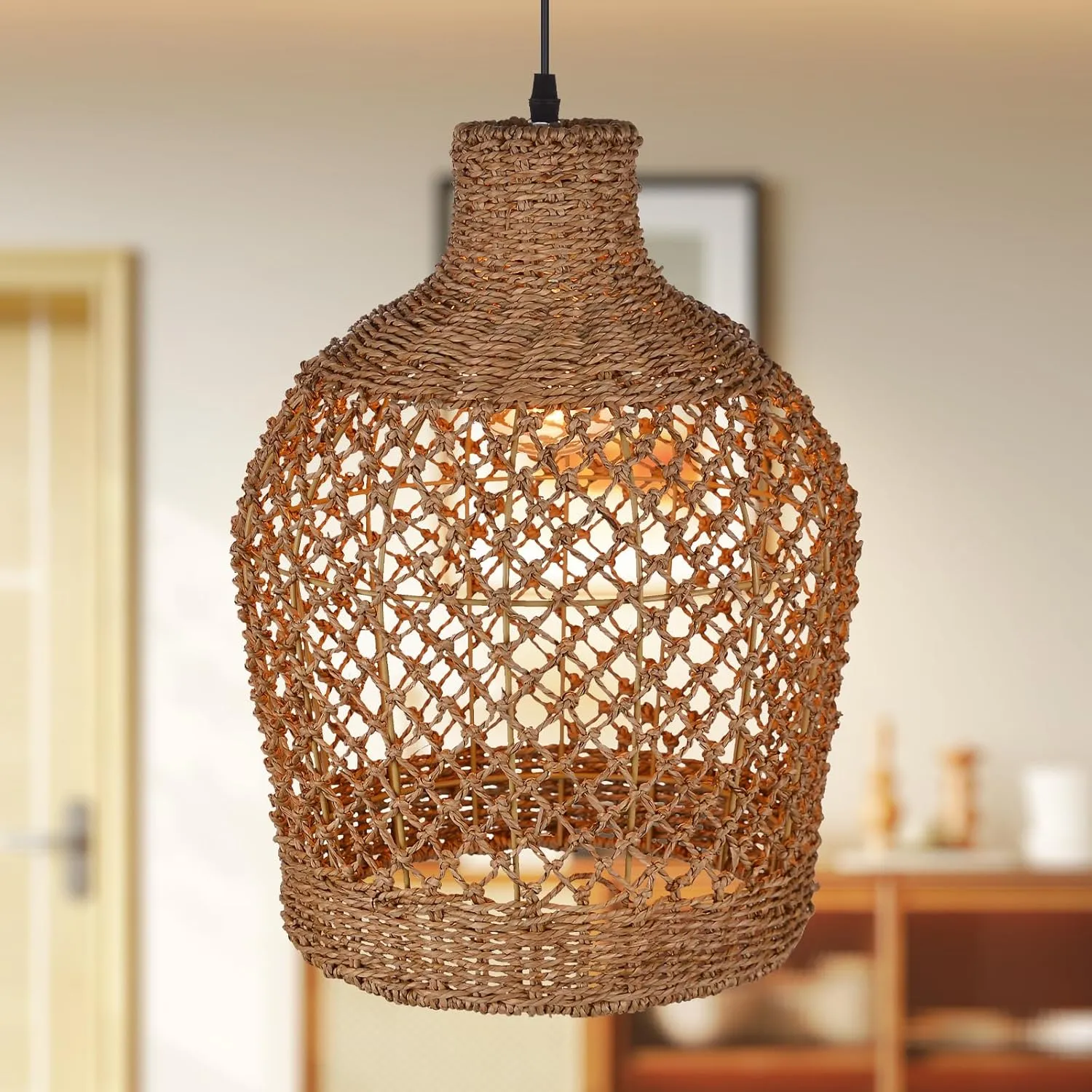 Arturesthome Rattan Pendant Light Woven Chandelier Handwoven Boho Coastal Pendant Lighting Rattan Basket Ceiling Hanging Light for Dining Room Living Room D 11.8″* 15.7″