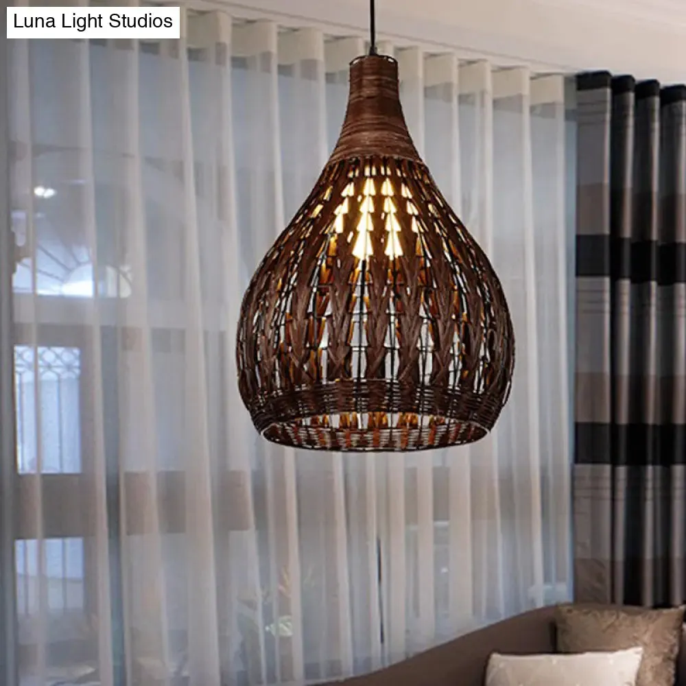 Asian Coffee Rattan Pendant Lamp with Jar Shade - Elegant Bedroom Ceiling Light
