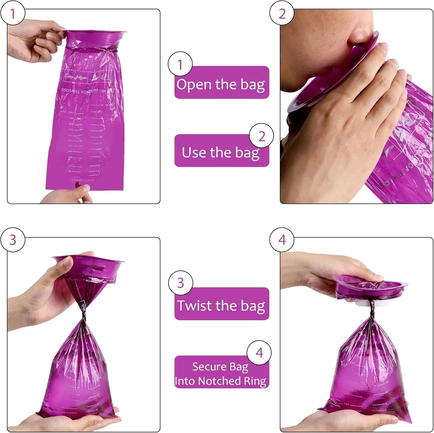 ATDAWN 50 Pack Emesis Bag, Disposable Vomit Bags, Aircraft & Car Sickness Bag, Nausea Bags for Travel Motion Sickness (Purple)