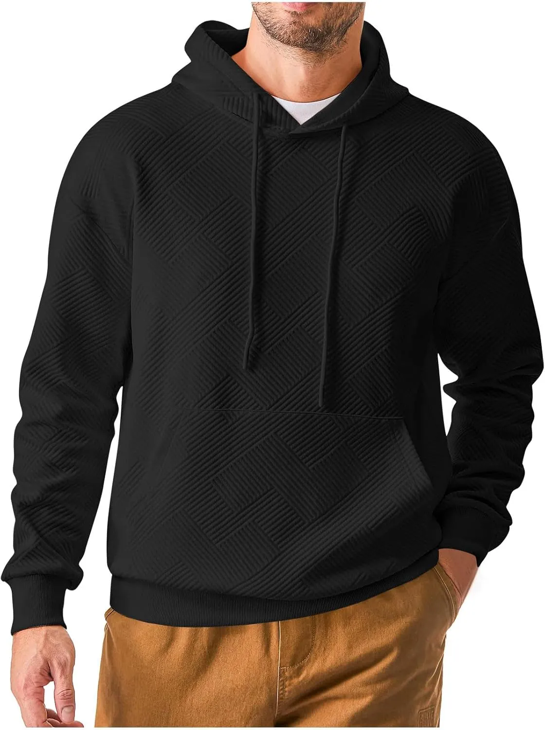 Aymnlox Fashion Sweatshirts for Men Casual Solid Color Long Sleeve Hooded Waffle Drawstring Pullover Loose Fashion Sweatshirt