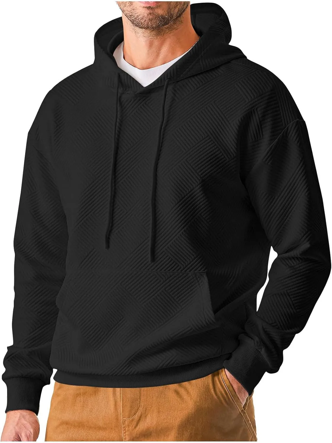 Aymnlox Fashion Sweatshirts for Men Casual Solid Color Long Sleeve Hooded Waffle Drawstring Pullover Loose Fashion Sweatshirt