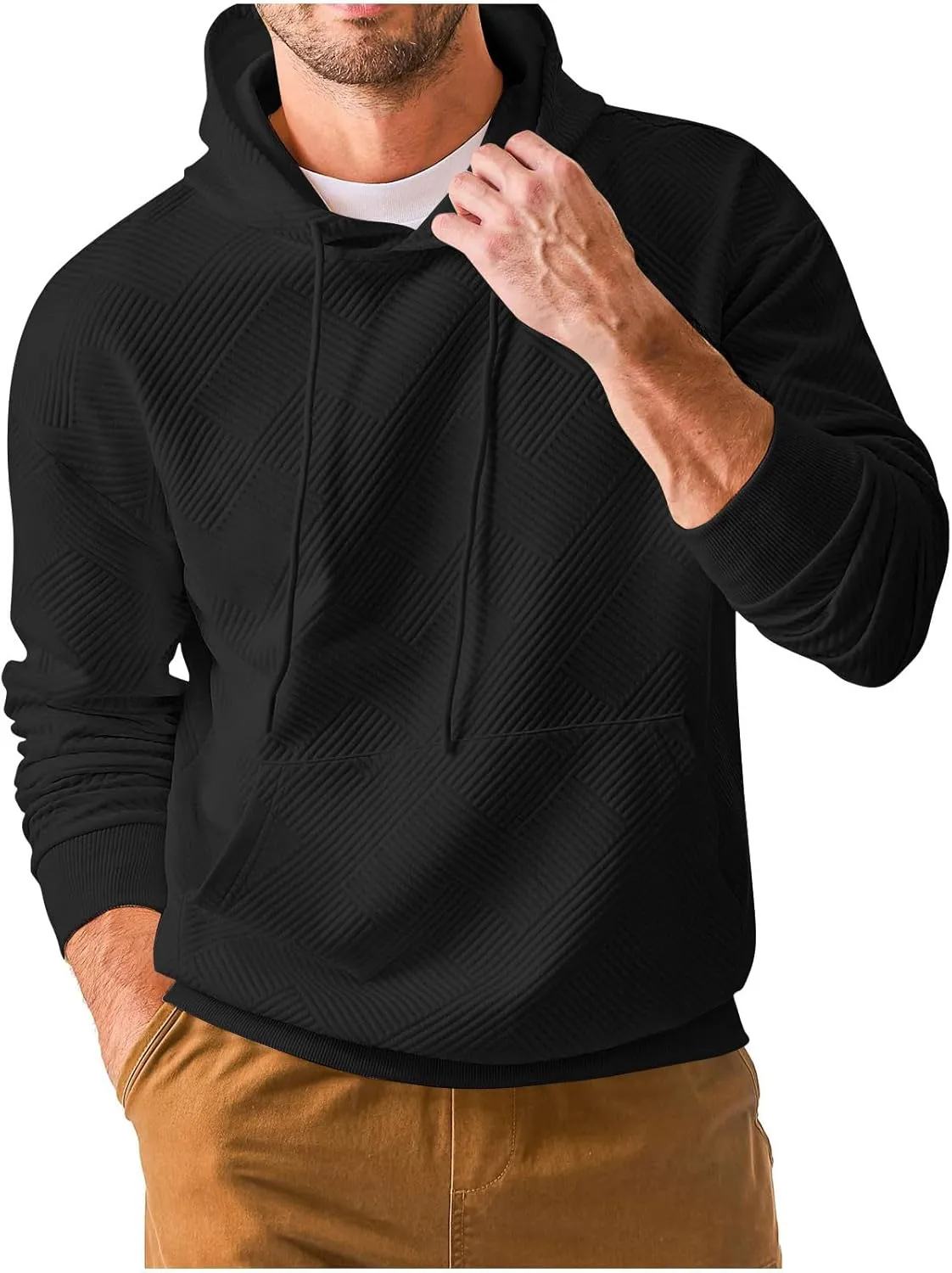 Aymnlox Fashion Sweatshirts for Men Casual Solid Color Long Sleeve Hooded Waffle Drawstring Pullover Loose Fashion Sweatshirt