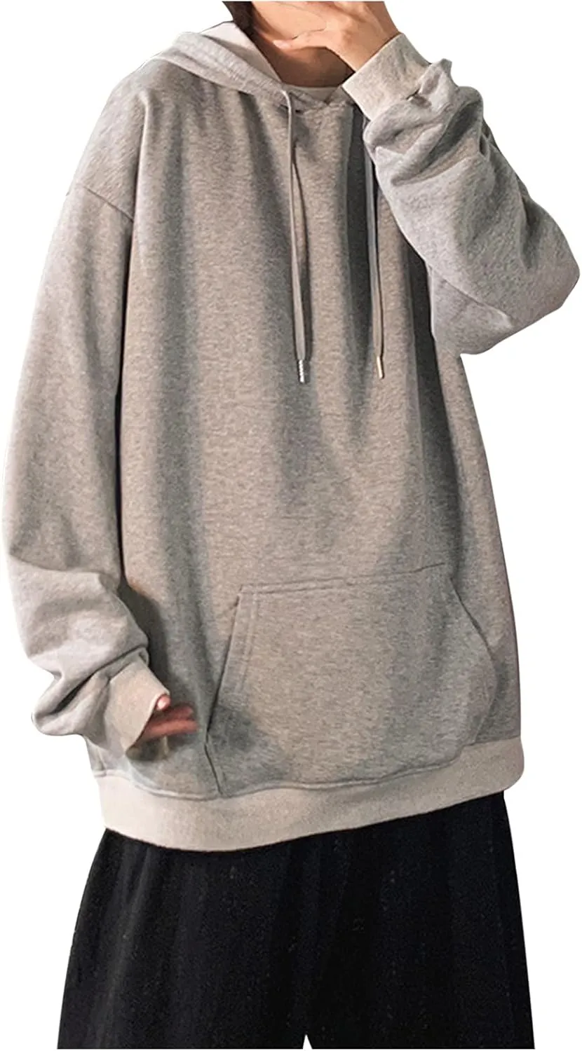 Aymnlox Mens 2024 Fall Sweatshirts Loose Fit Long Sleeve Pullover Solid Color Hooded Drawstring With Pockets Outdoor Hooded