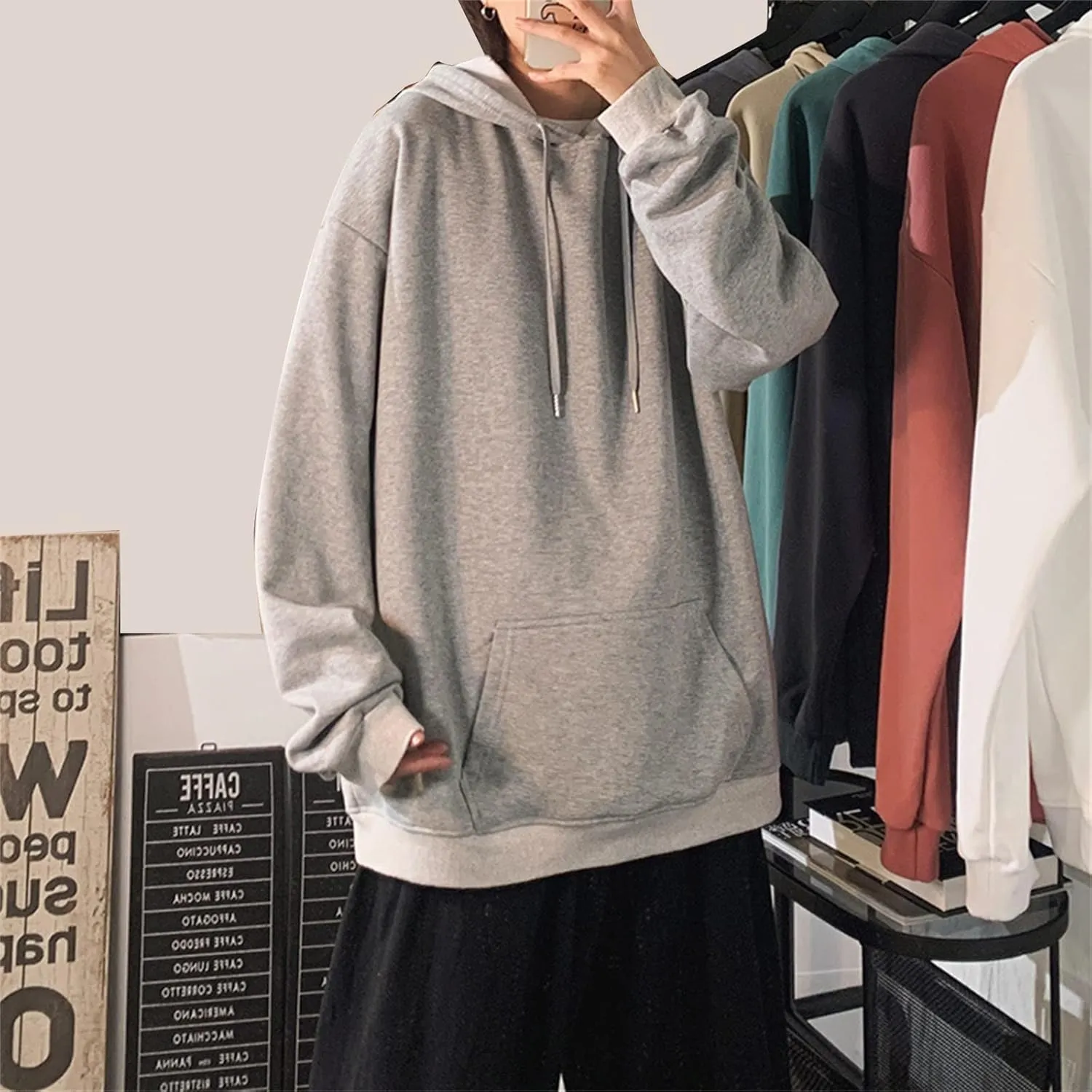 Aymnlox Mens 2024 Fall Sweatshirts Loose Fit Long Sleeve Pullover Solid Color Hooded Drawstring With Pockets Outdoor Hooded