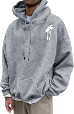 Aymnlox Sweatshirts for Men Long Sleeve Solid Color Hoodie Graphic Print Drawstring Pullover Fashion Loose Hooded With Pocket