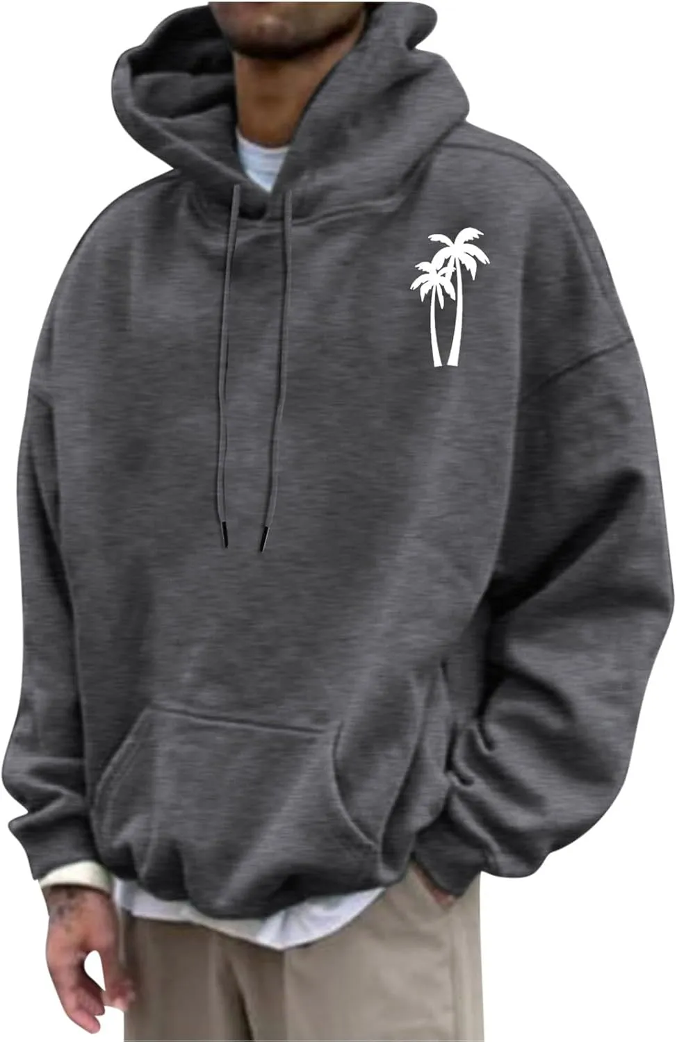Aymnlox Sweatshirts for Men Long Sleeve Solid Color Hoodie Graphic Print Drawstring Pullover Fashion Loose Hooded With Pocket