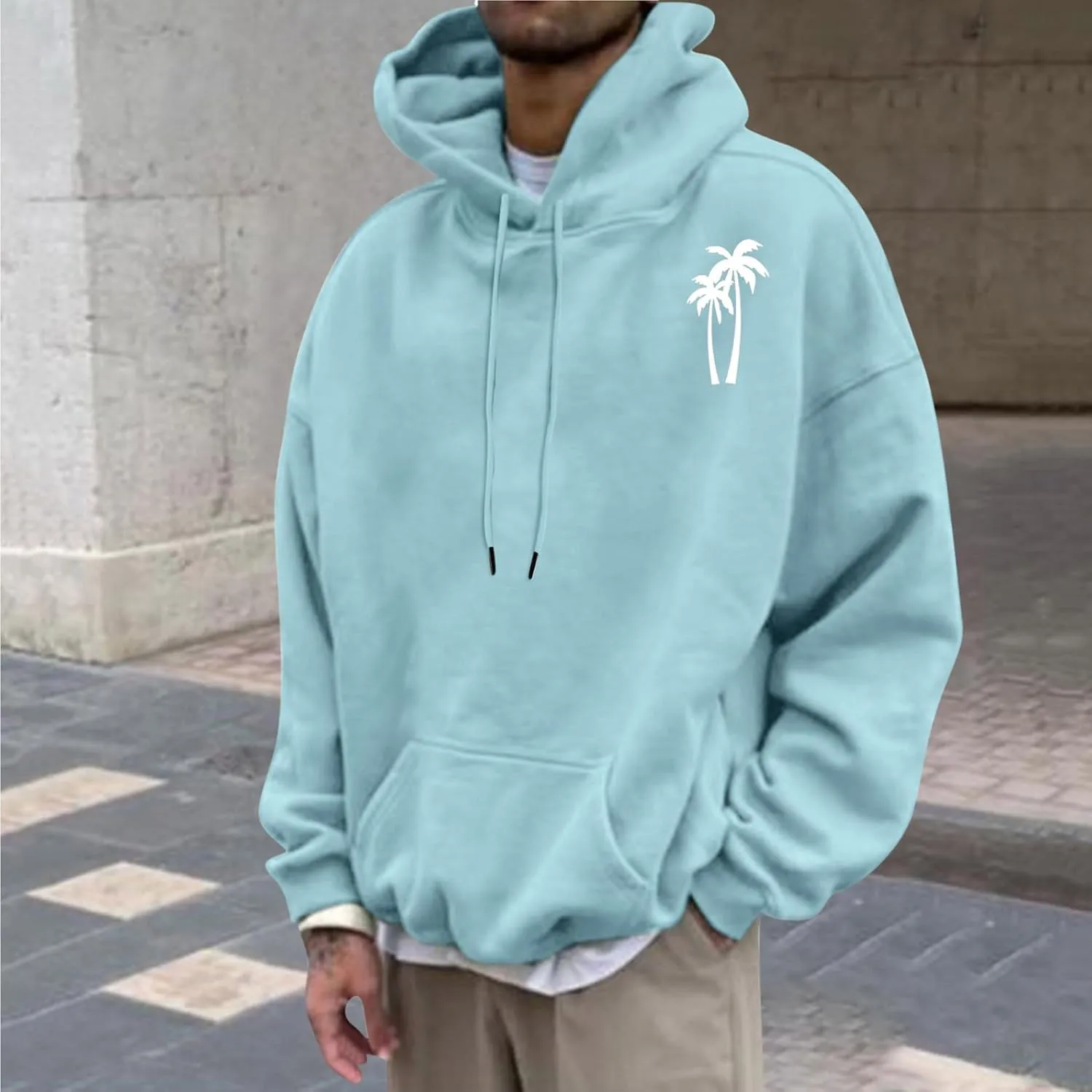Aymnlox Sweatshirts for Men Long Sleeve Solid Color Hoodie Graphic Print Drawstring Pullover Fashion Loose Hooded With Pocket