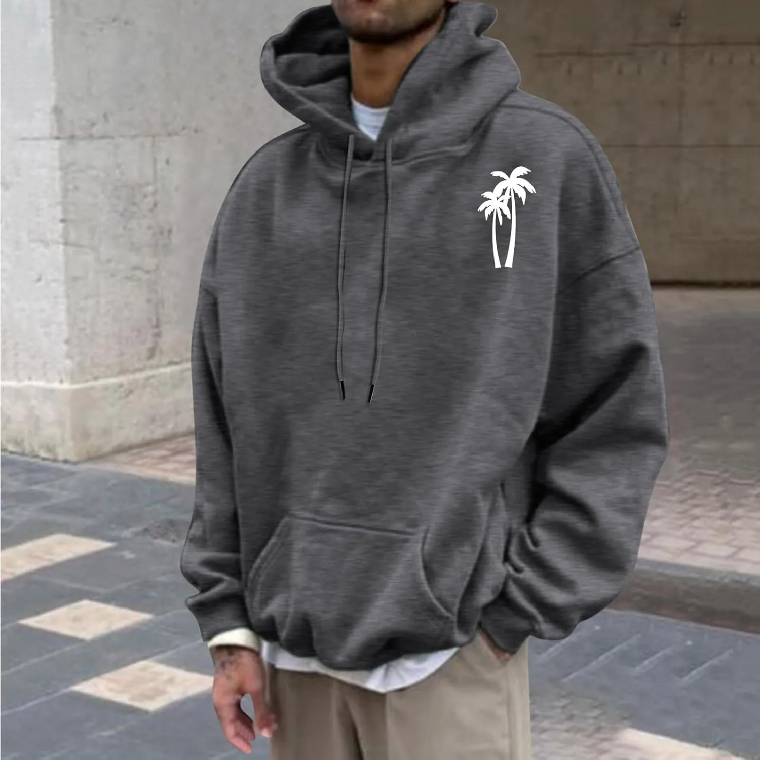 Aymnlox Sweatshirts for Men Long Sleeve Solid Color Hoodie Graphic Print Drawstring Pullover Fashion Loose Hooded With Pocket