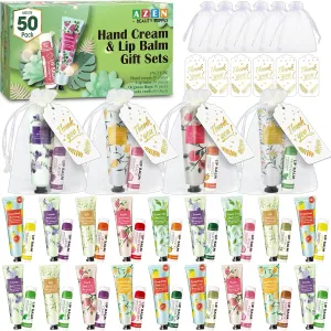 AZEN 50 Sets Hand Cream and Lip Balm Set with Organza Bag Thank You Card, Baby Shower Wedding Gifts for Guests, Bridal Souvenirs for Colleagues Employee Coworkers, Party Favor for Female Friends