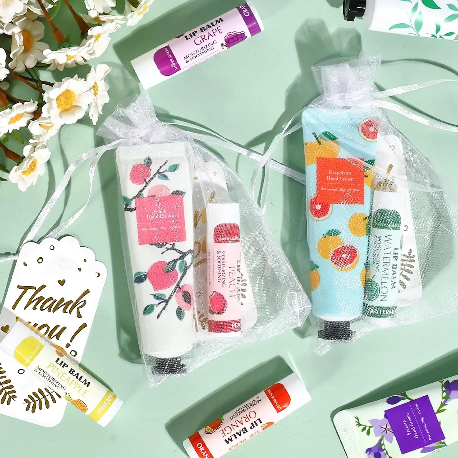 AZEN 50 Sets Hand Cream and Lip Balm Set with Organza Bag Thank You Card, Baby Shower Wedding Gifts for Guests, Bridal Souvenirs for Colleagues Employee Coworkers, Party Favor for Female Friends