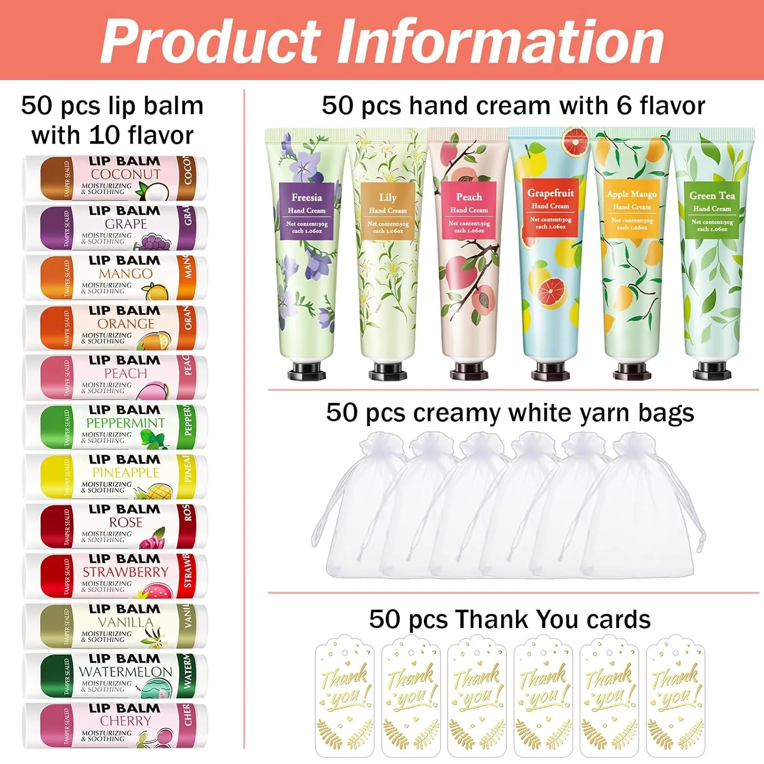 AZEN 50 Sets Hand Cream and Lip Balm Set with Organza Bag Thank You Card, Baby Shower Wedding Gifts for Guests, Bridal Souvenirs for Colleagues Employee Coworkers, Party Favor for Female Friends
