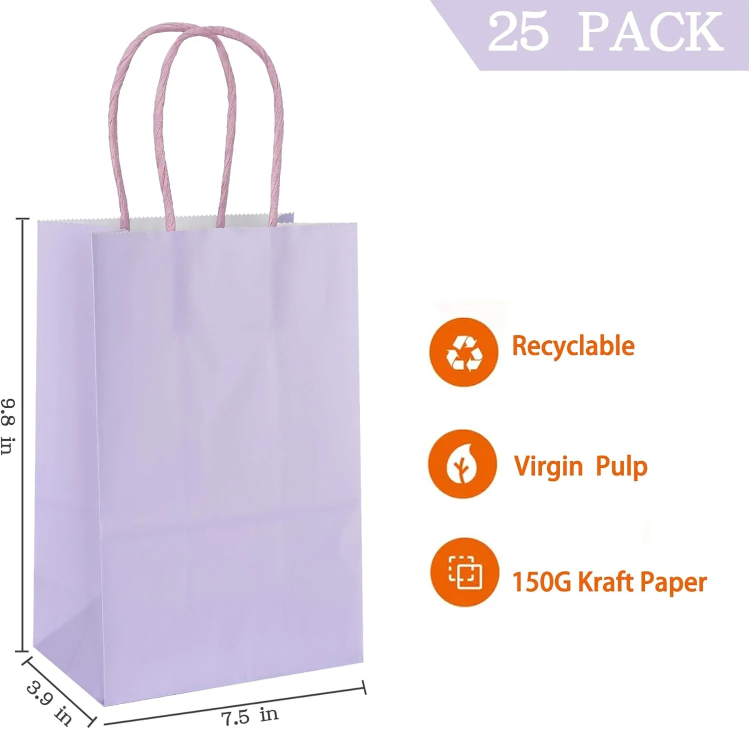 AZOWA Gift Bags Medium Kraft Paper Bags with Handles (9.8 x 7.5 x 3.9 in, Light Purple, 25 Pcs)
